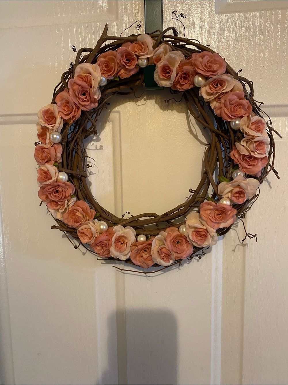Home Holiday Pink Rose Grapevine Wreath with Pearls